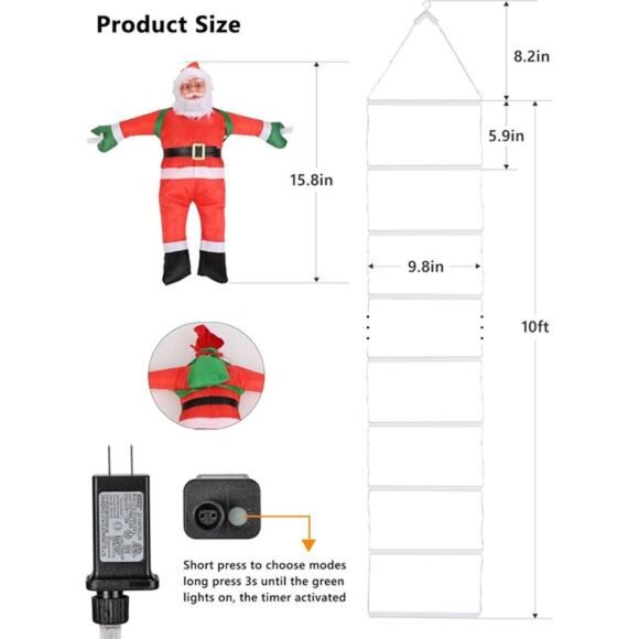 Christmas Decorations LED Ladder Lights with Climbing Santa Claus, 10ft Indoor